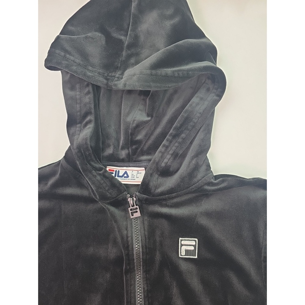 FILA Hoodie Womens Small Black Velour 1/2 Zip Pullover Logo Pockets Soft Casual